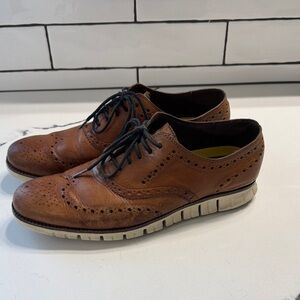 Cole Haan Brown Leather Wingtip Derby Oxfords with Contrasting Sole